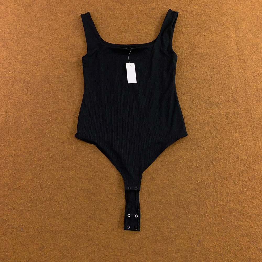Loft Womens Small Black Ribbed Square Neck Snap Closure Bodysuit NWT